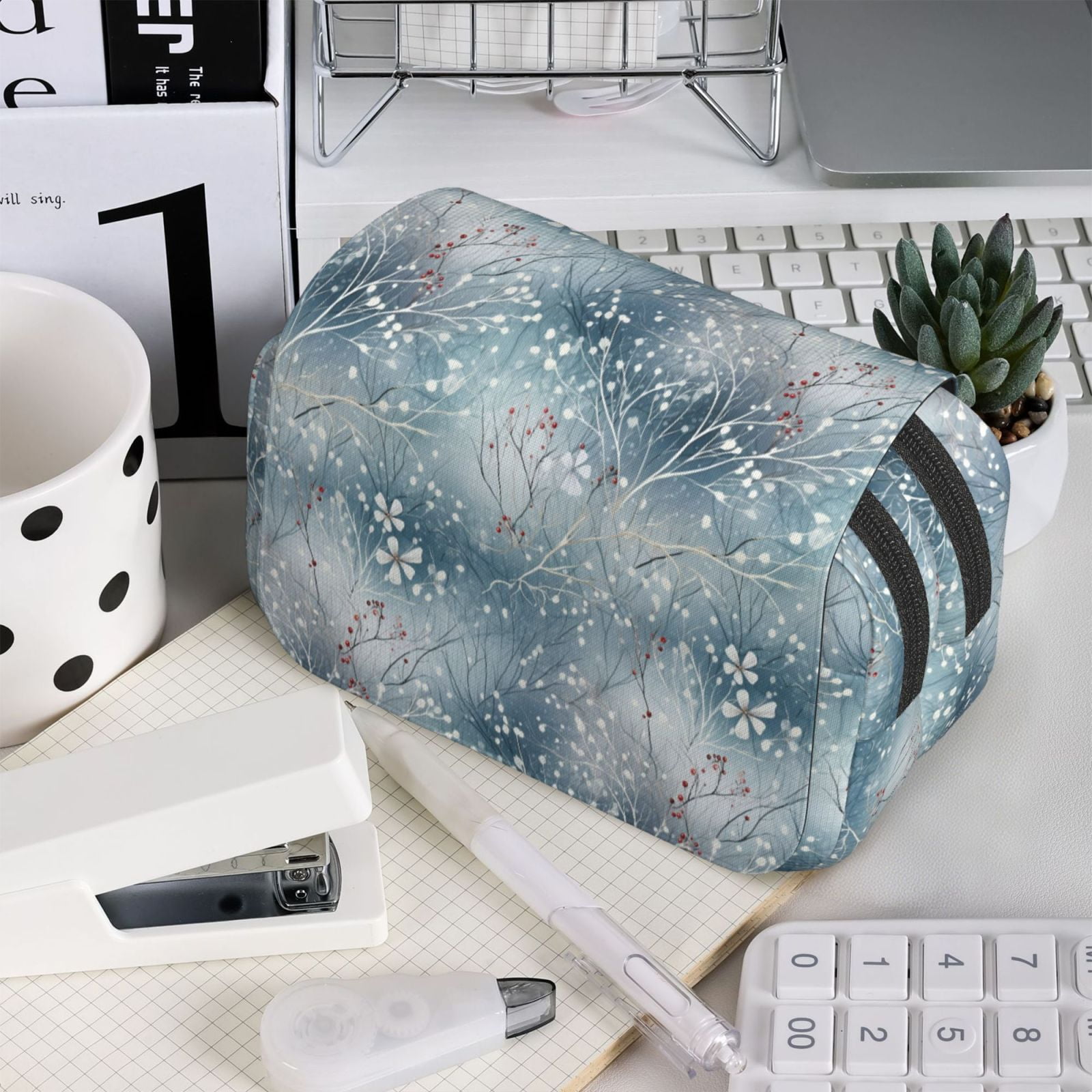 Rateoe enchanted winter snowflake holly Pattern Double Clamshell Pen Case, Storage Organizer with Two Zipper Compartments– Holds Up to 50 Pencils & Pens