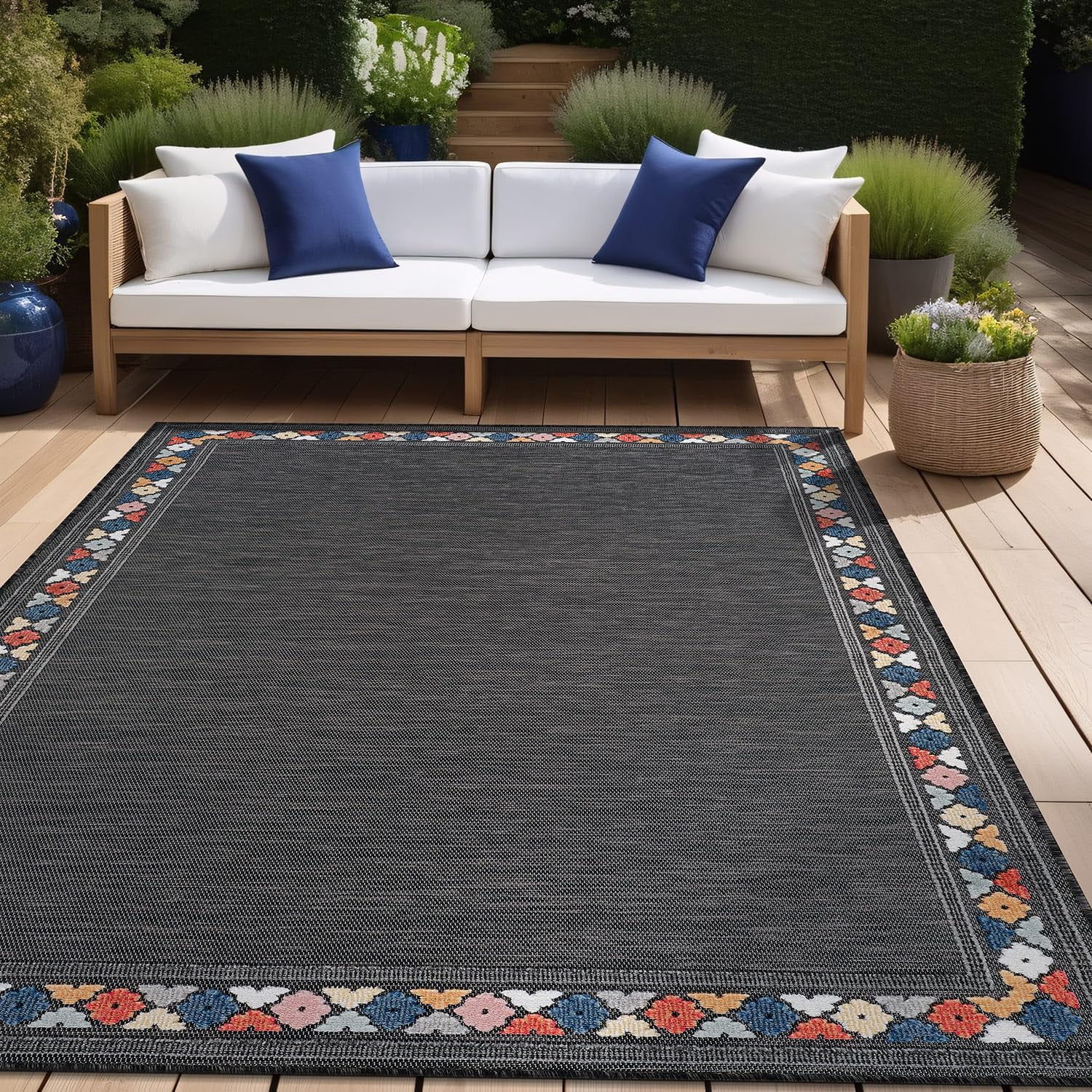 Beverly Rug Outdoor / Indoor Area Rugs Patio Porch Garden Carpet Bordered / Dark Gray 4x6