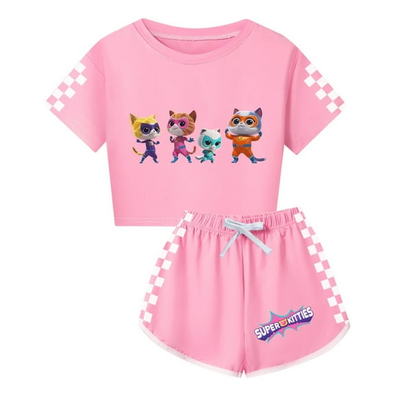 Kids SuperKitties Clothes Set – Girls Short Sleeve Tee and Shorts – Stylish Summer Wear