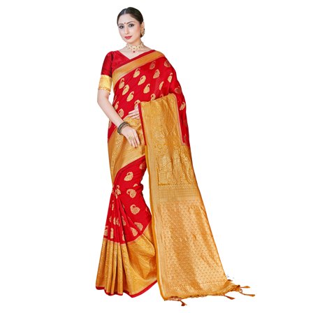 Sarees for Women Banarasi Art Silk Woven Sari - Indian Diwali Gift Rakhi Festival Saree & Unstitched Blouse Red