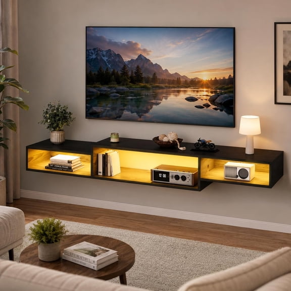 Catrimown 59 Inch Black Floating TV Stand with LED Lights & Power Outlet, Wall Mount Entertainment Center with Storage