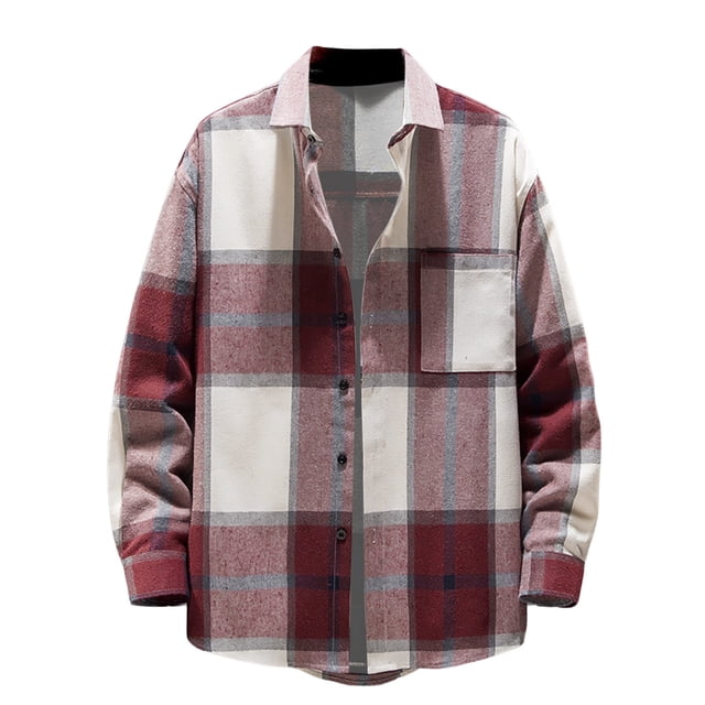 Camisas Para Hombre Casual Camisa de manga larga a cuadros suelta de tendencia de moda casual para hombre Top (Red, L)