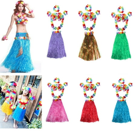 Grass Hawaiian Skirt (Hot Sale 6Pcs Adult Hawaiian Grass Skirt Flower Hula Lei Garland Wristband Dress Costume Today's Special)