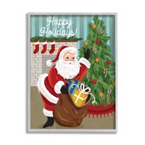 Happy Holidays Santa Gift Bag Holiday Graphic Art Gray Framed Art Print Wall Art