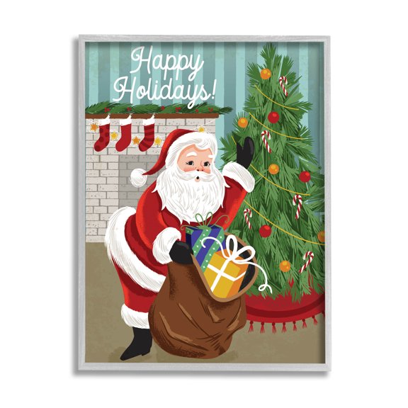Happy Holidays Santa Gift Bag Holiday Graphic Art Gray Framed Art Print Wall Art