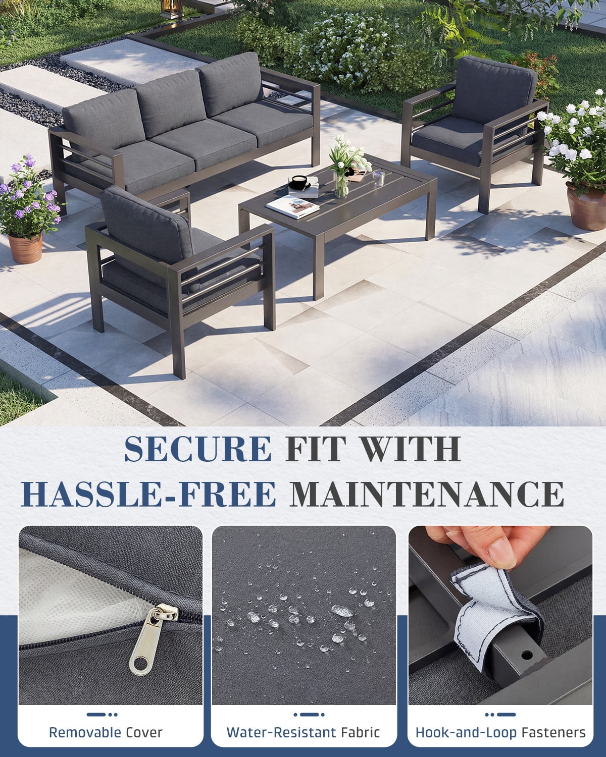 AECOJOY Aluminum Patio Furniture Set on sale, 5 Seats Modern Outdoor Furniture with Coffee Table, 4 Pieces Metal Conversation Sectional Sofa, Dark Gray