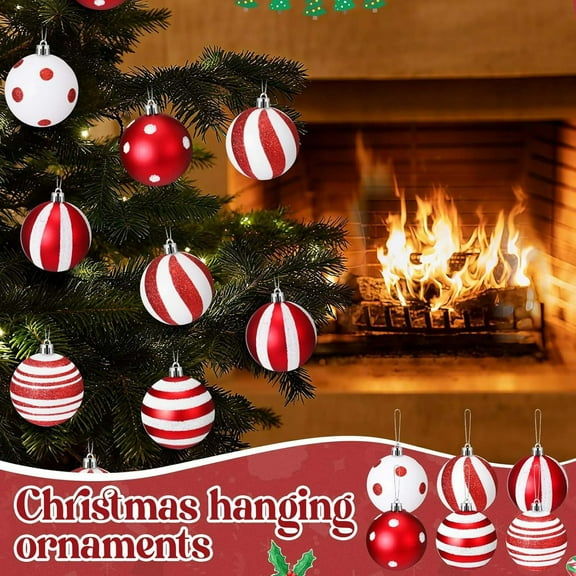 Sulaicai 24 Pcs Mini Christmas Balls Ornaments Xmas Tree Decorations 1.2'' Red and White Ball Ornaments Xmas Hanging Plastic Stripe Dot Ball for Christmas Tree Party Decoration Supplies