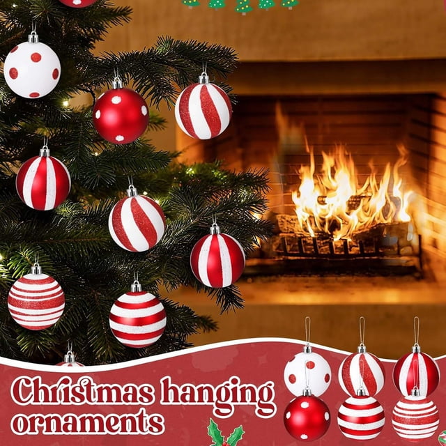 Decoraciones navideñas, adornos navideños, regalos navideños 24 piezas de adornos de bolas navideñas Bola colgante de plástico de rayas navideñas para suministros de decoración de fiestas de árboles d