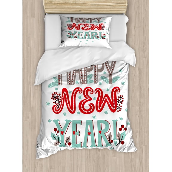 Happy New Year Duvet Cover Set Twin Size, Typography in Ornaments Details Cute Motifs, Decorative 2 Piece Bedding Set with 1 Pillow Sham, Vermilion Pale Teal and Pale Mauve Taupe, by Ambesonne
