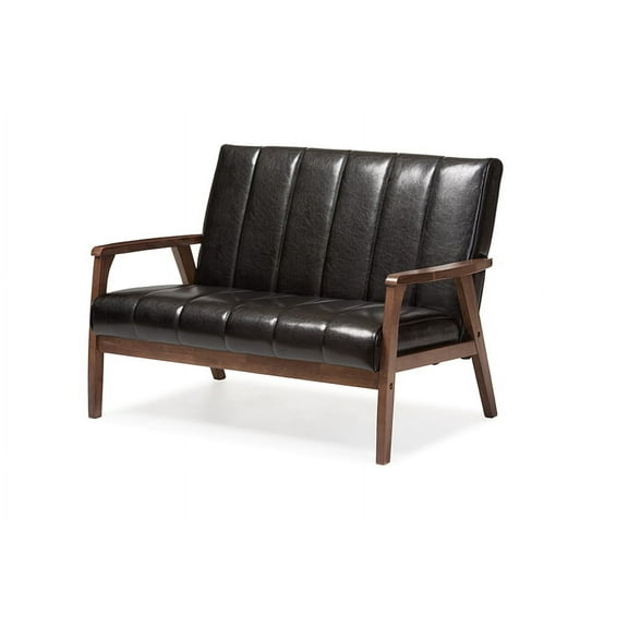 Baxton Studio Nikko Mid-century Modern Scandinavian Style Black Faux Leather Wooden 2-Seater Loveseat