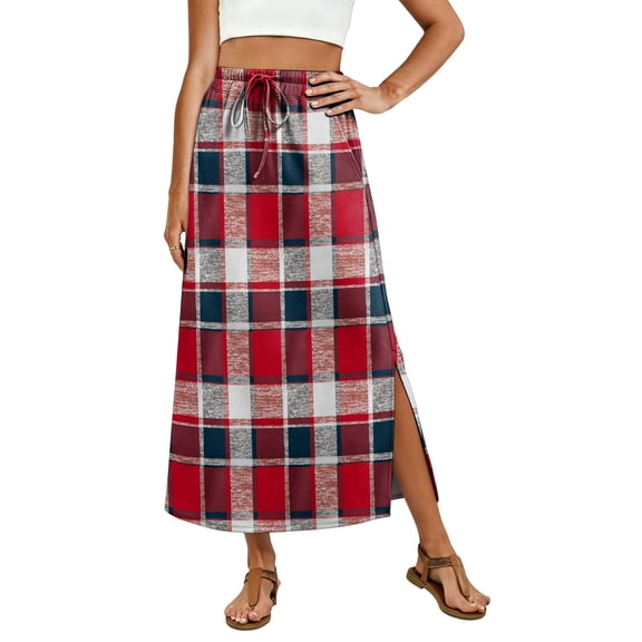 Women's Plaid Print Elastic Waist Long Skirt Summer Casual Elegant High Waist A-Line Maxi Skirts Red S