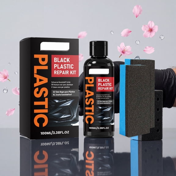 Car Plastic Restorer Kit Black Trim Repair Liquid With Sponge 100ml, Faded Plastic Renewal For Auto Interior Exterior
