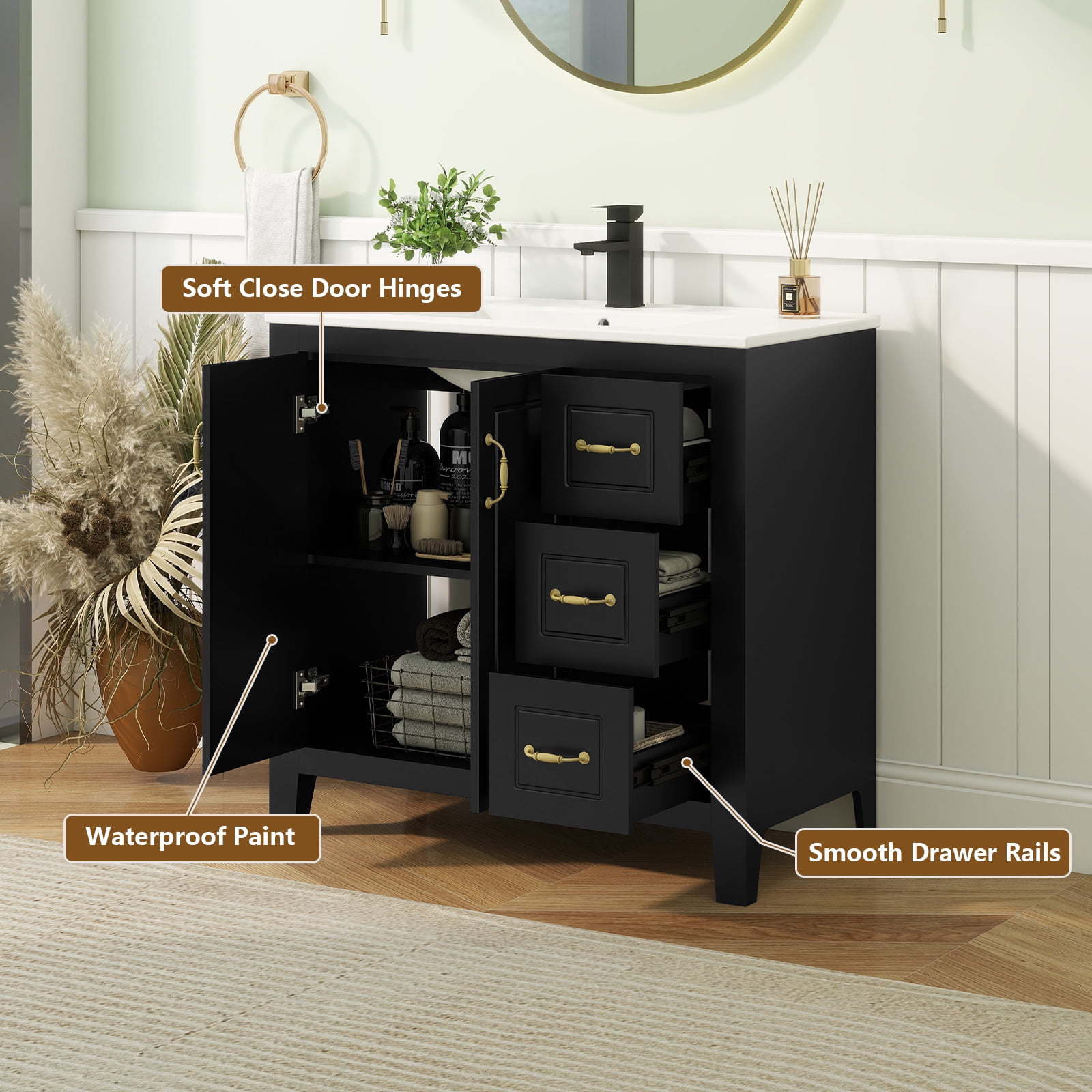 FULLWATT 36" Bathroom Vanity, Painted Surface Solid Wood Frame Bathroom Storage Vanities Set with 3 Drawers, Louvre Design Cabinet with Sink, Black