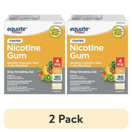 (2 pack) Equate Coated Nicotine Polacrilex Gum 4 mg (nicotine), Fruit Flavor, 160 Count