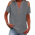 thumbnail image 2 of Hfnxid Cotton Linen Tops for Women Trendy Cold Shoulder Short Sleeve Shirt Loose Fit Casual V Neck Blouses Summer Lightweight Button Office Blouse Gray L, 2 of 8