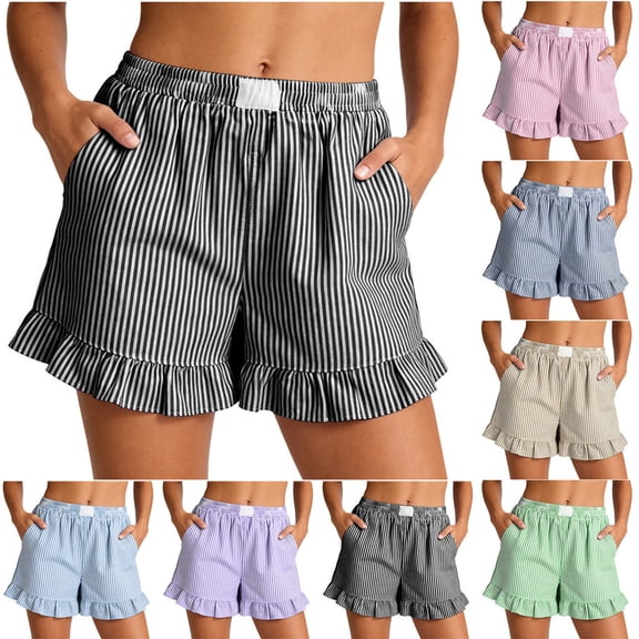 Smsaxvxz Womens Summer Striped Cotton Linen Shorts Fashion Ruffle Trim Bottoms with Pockets Casual Loose Summer Beach Shorts Black S