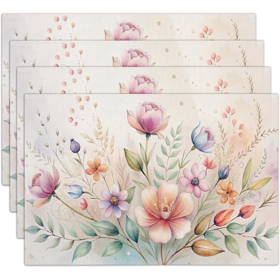 Colorful Floral Cotton Linen Placemats Set of 4, 12x18 Table Mat for Family Dinners Wedding Parties Restaurant Kitchen Decoration, Heat Resistant Place Washable Waterproof Mats -b05