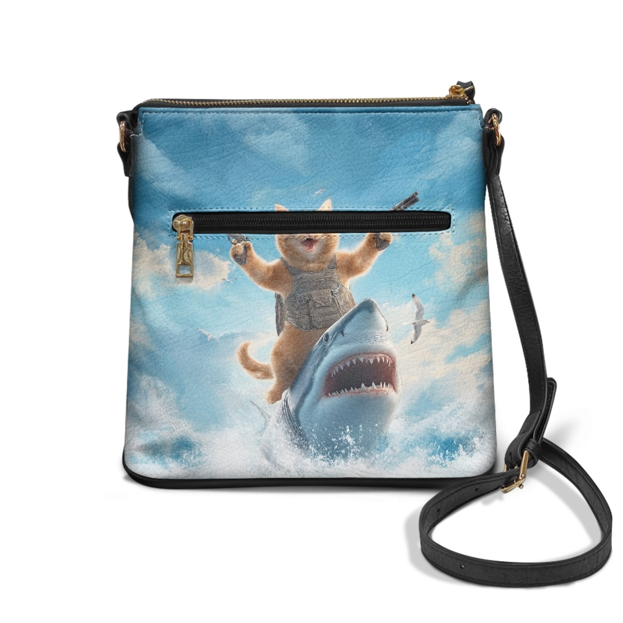 Kuiaobaty Cat Shark Print Crossbody bag for Women, Roomy Multi Pockets Vegan Leather Shoulder Handbag Crossbody, Large Capacity Messenger Purse with Adjustable Strap for Travel