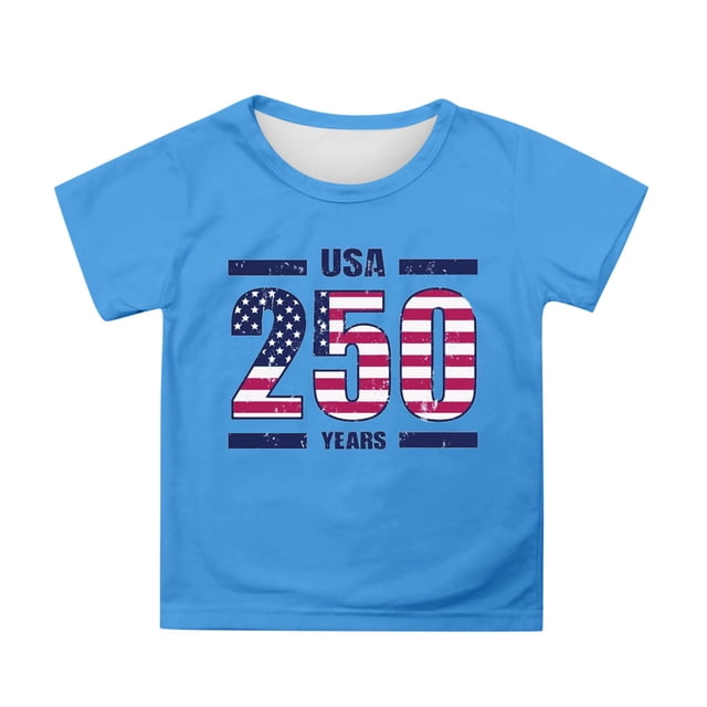 Zhuashum T-Shirts de Printemps pour Garçons, Blouse à Col Rond, Manches Courtes Graphiques Patriotiques, Hauts pour Enfants, Imprimé Dessin Animé du 4 Juillet, Mode Enfant, Bleu Ciel, 5-6 Ans