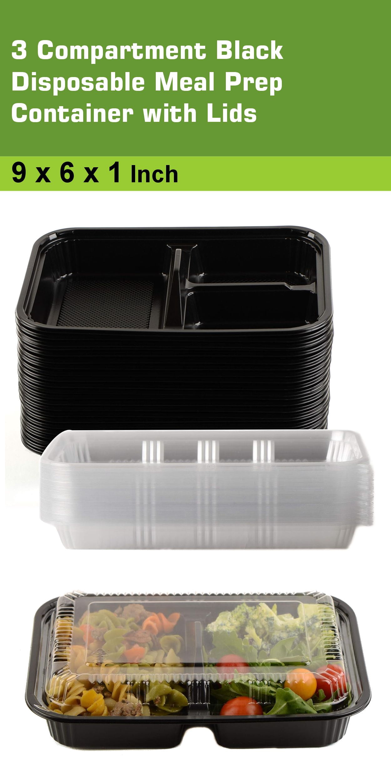 EcoQuality [45 Pack] 3 Compartment Black Disposable Container with Lids, Meal Prep Container, Food Storage Bento Box, Disposable, Stir Fry | Lunch Boxes | BPA Free