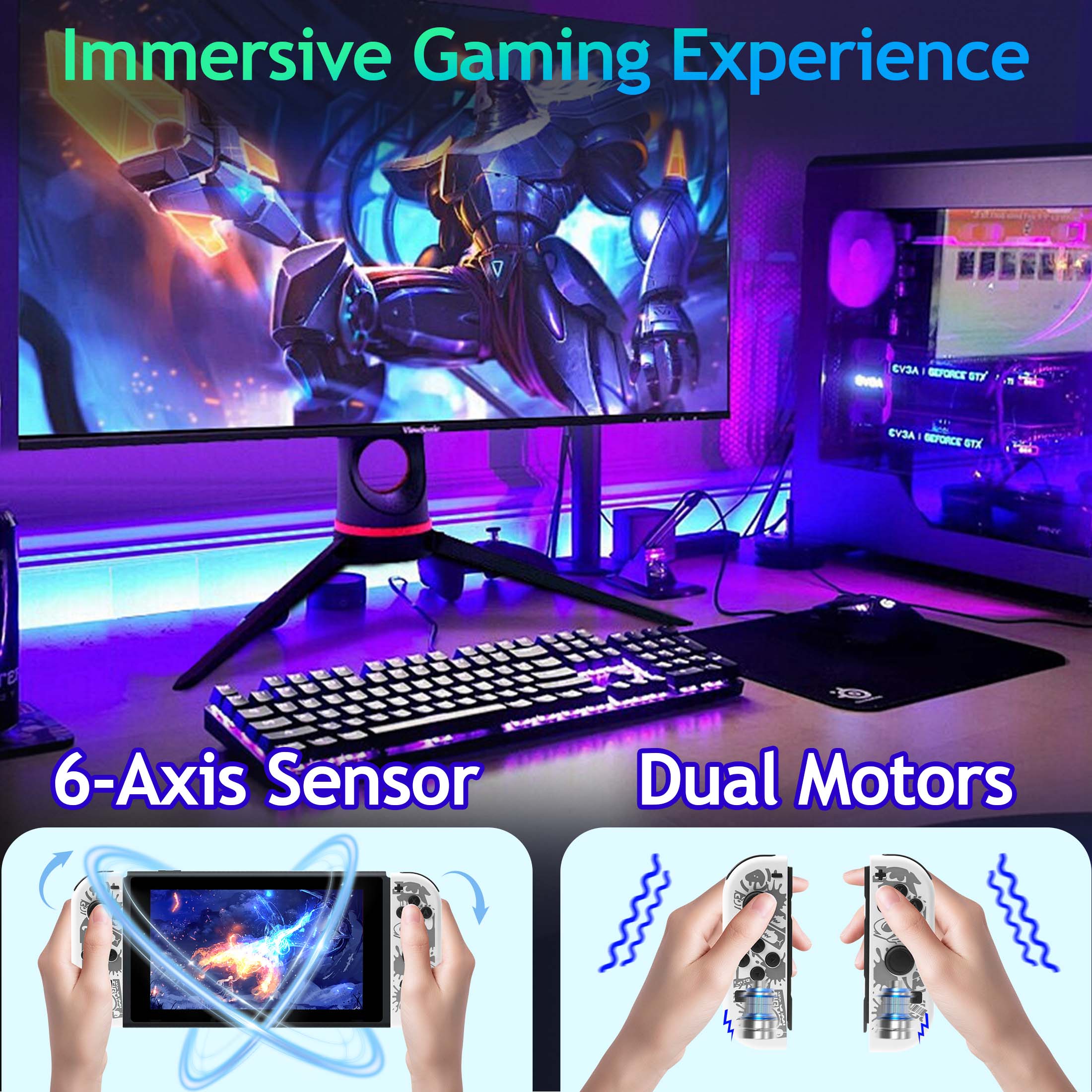 Controlador de Juegos Dividido Inalámbrico, Gamepad Bluetooth con Luz RGB, Movimiento y Vibración, Controlador Recargable para Consola Portátil 5