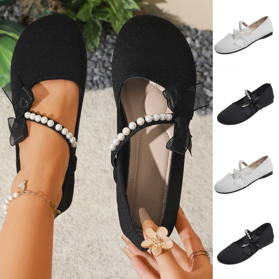 Women Pearl Strap Bow Mary Jane Flats, Glitter Round Toe Slip On Ballet Shoes, Soft Flat Dress Footwear for Wedding Party Bridal Prom White 9.5(43)