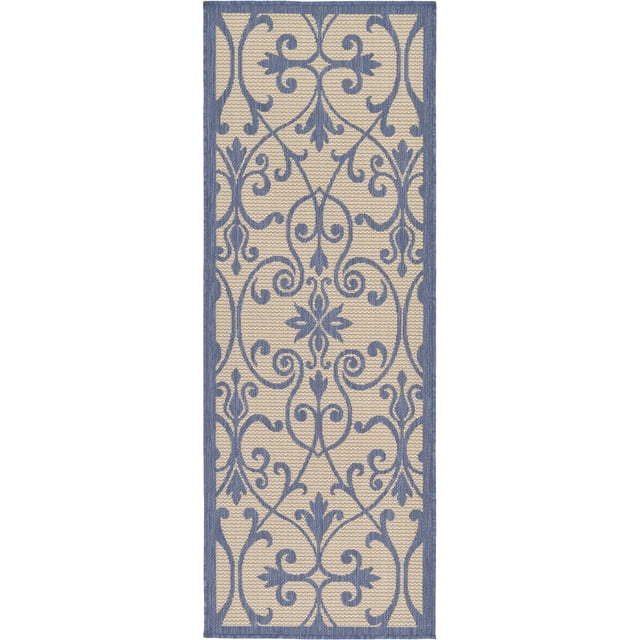 Unique Loom Botanical Collection Ornate, Floral, Border, Victorian, Indoor and Outdoor Area Rug, 2 ft 2 in x 6 ft, Blue/Beige