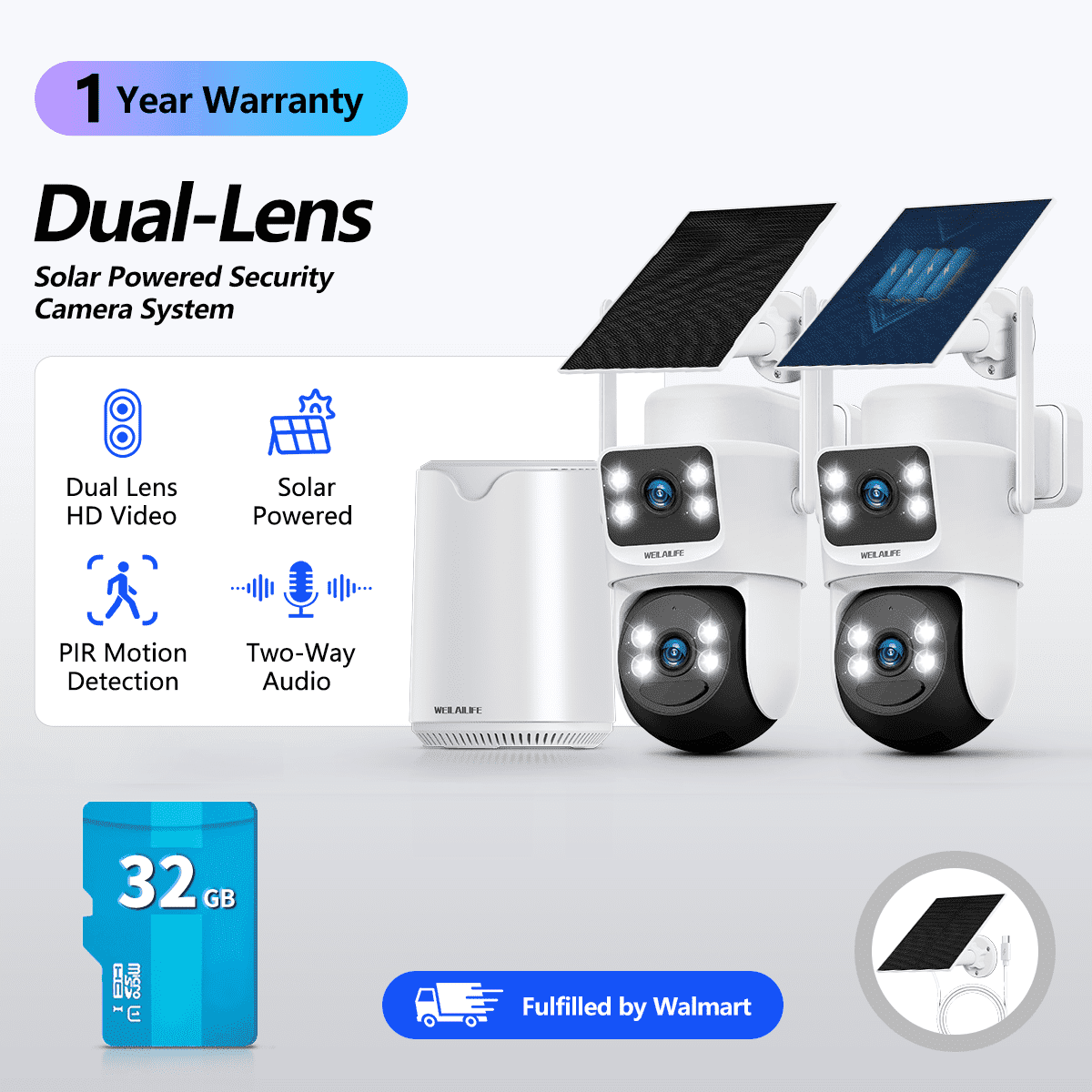 WEILAILIFE Wireless Solar Security Camera System Outdoor, 2-Pack Dual Lens, Base Station, 32GB