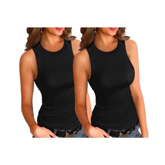 Vafful Womens Tank Tops 2 Pack Summer Top Ribbed Sleeveless Racerback Basic Top Slim Fitted Round High Neck Sexy Tank Tops for Women Black S-XXL