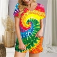 thumbnail image 5 of 2 Piece Pajamas Sets for Women Summer Tie-dye Outfits Short Sleeve Pleated V Neck Top and Shorts Set lounge Homewear (XXL, Red 01), 5 of 5