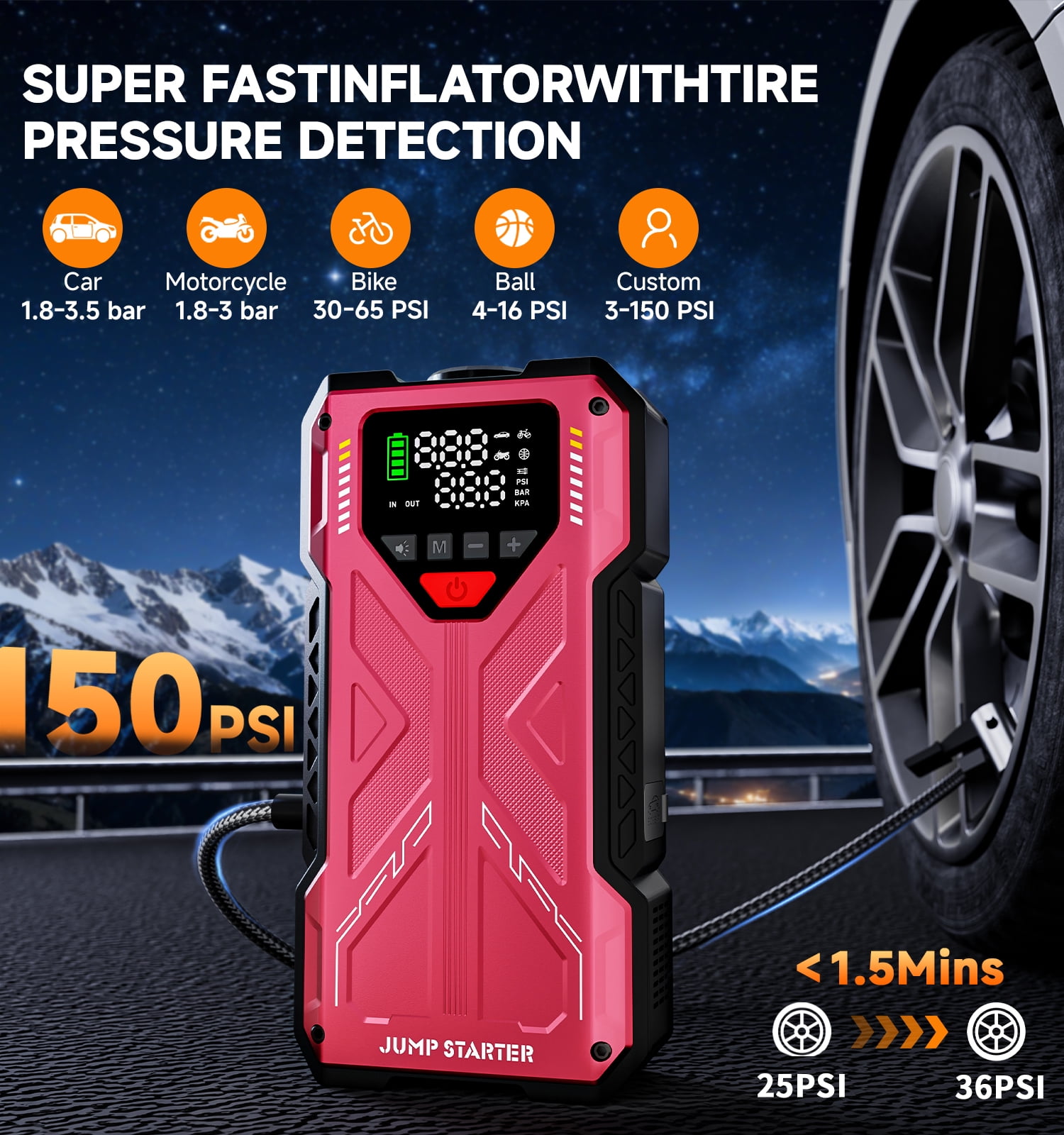 Geeneu Jump Starter with Compressor, 6000A Jump Box Car Battery Charger, Portable Jumper Starter Power Pack (10.0L Gas/8.0L Diesel),Rodeside Emergency Kit for Vehicle/Motorcycle Combo Tire Inflator