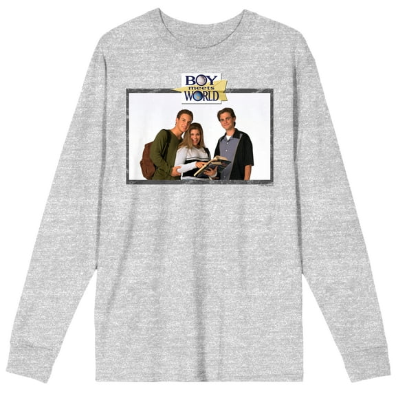 Boy Meets World Cory, Topanga, and Shawn Men's Heather Gray Long Sleeve Tee-Large