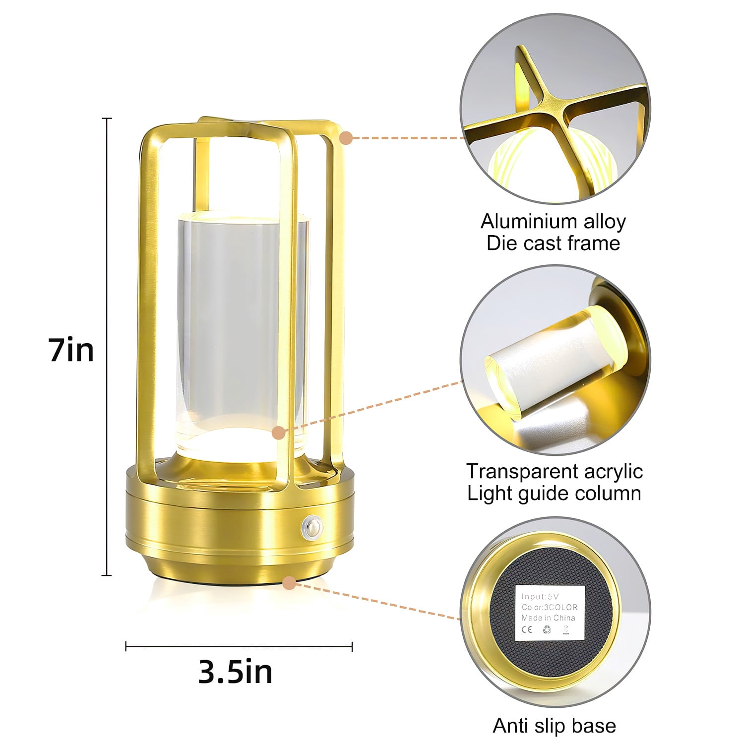 Ikristin Atmosphere Lantern Portable LED Night Candle lamp, Three Lights Metal Table Lamp, Touch Switch Cordless Rechargeable Washroom, Bedroom, Camping