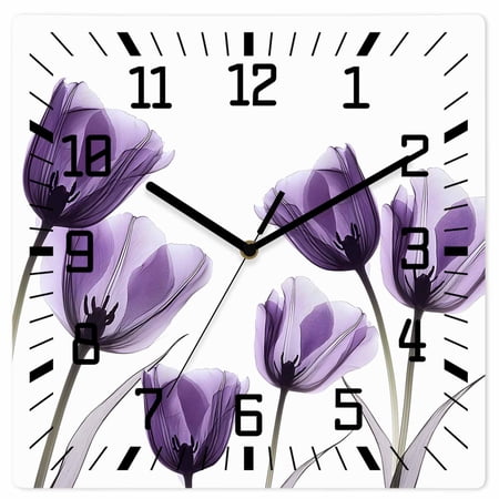 Purple Tulip Floral Wooden Wall Clock Silent Non Ticking, Pastel Country White Wildflower Square Wall Clocks Battery Operated, Decor Clock for Home Office, Living Room, Kitchen, 10 Inch