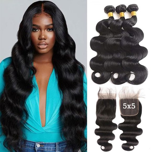 ZGGTL Body Wave Human Hair Bundles with Closure (14 16 18+5x5 Lace Closure 12Inch) 12A 100% Brazilian Weave Bundles Human Hair Extensions Natural Color