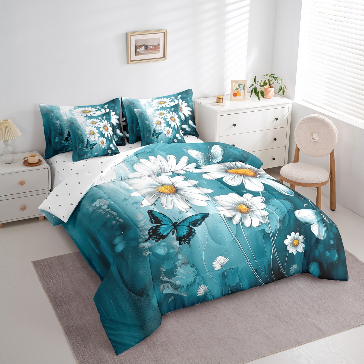 Homewish Blue Country Butterfly 7 Pieces Bedding Comforter Set,Oil Painting Daisy Full Bedding Set,Modern Aesthetic Artistic Fitted Sheet Flat Sheet For Kids,Ultra Soft Home Decor Reversible