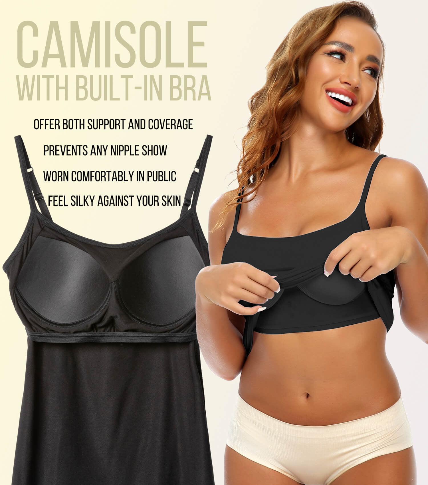 MANIFIQUE Tank Tops for Women Basic Camisole with Built in Bra Casual Wide  Strap Undershirts Layer Top Black XXXL 