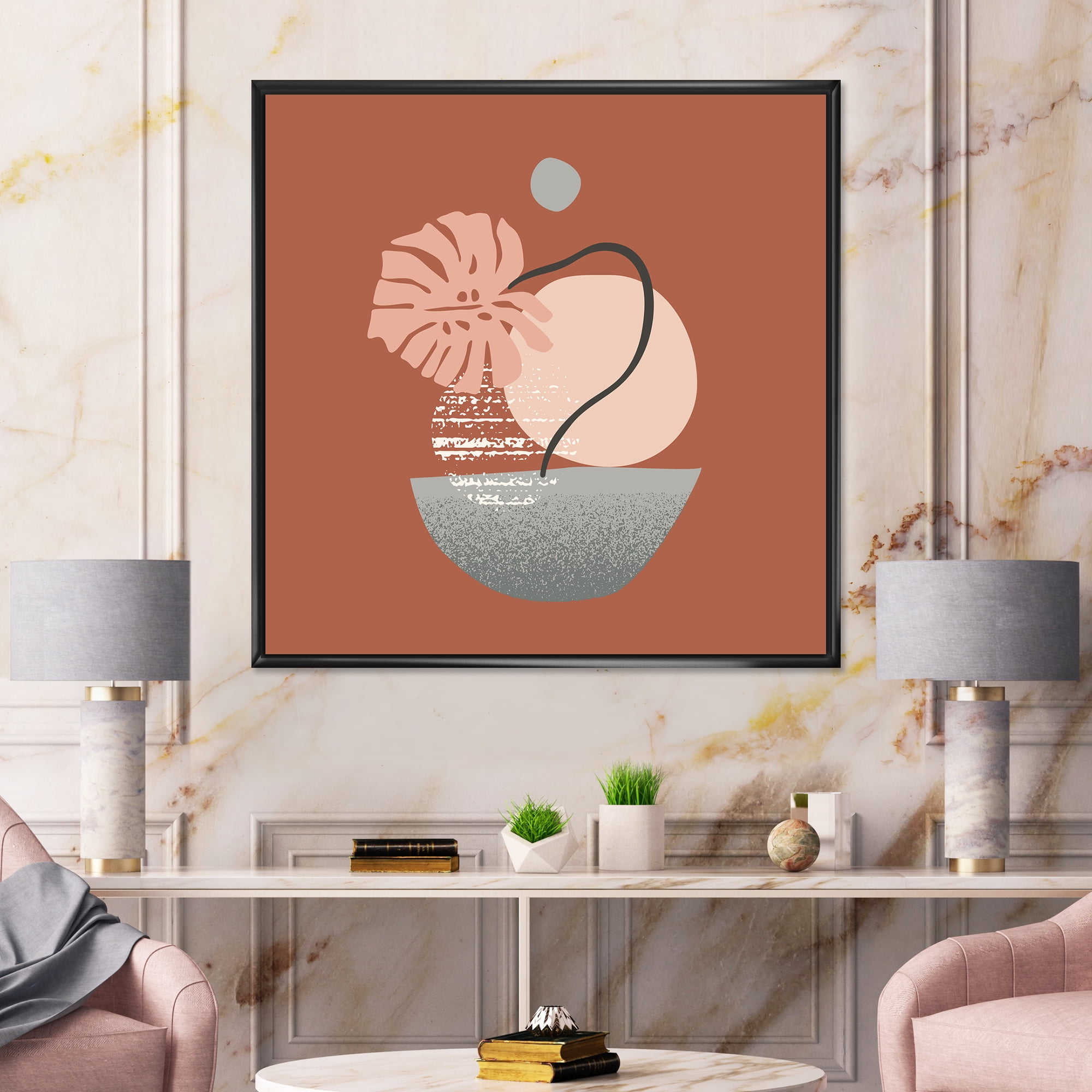 Designart 'Abstract Geometry Shapes and Tropical Palm Leaf IV' Modern Framed Canvas Wall Art Print