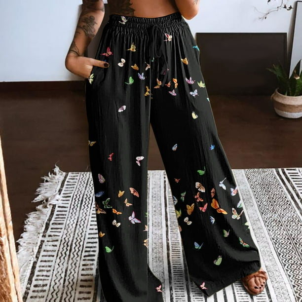 WILLBEST Pantalones Casuales de Cintura Alta para Mujer, con Cordón, Estampado de Plumas y Flores, Pantalones Largos Bohemios con Bolsillos para La Playa, para Un Estilo Sin Esfuerzo. Extra Grande