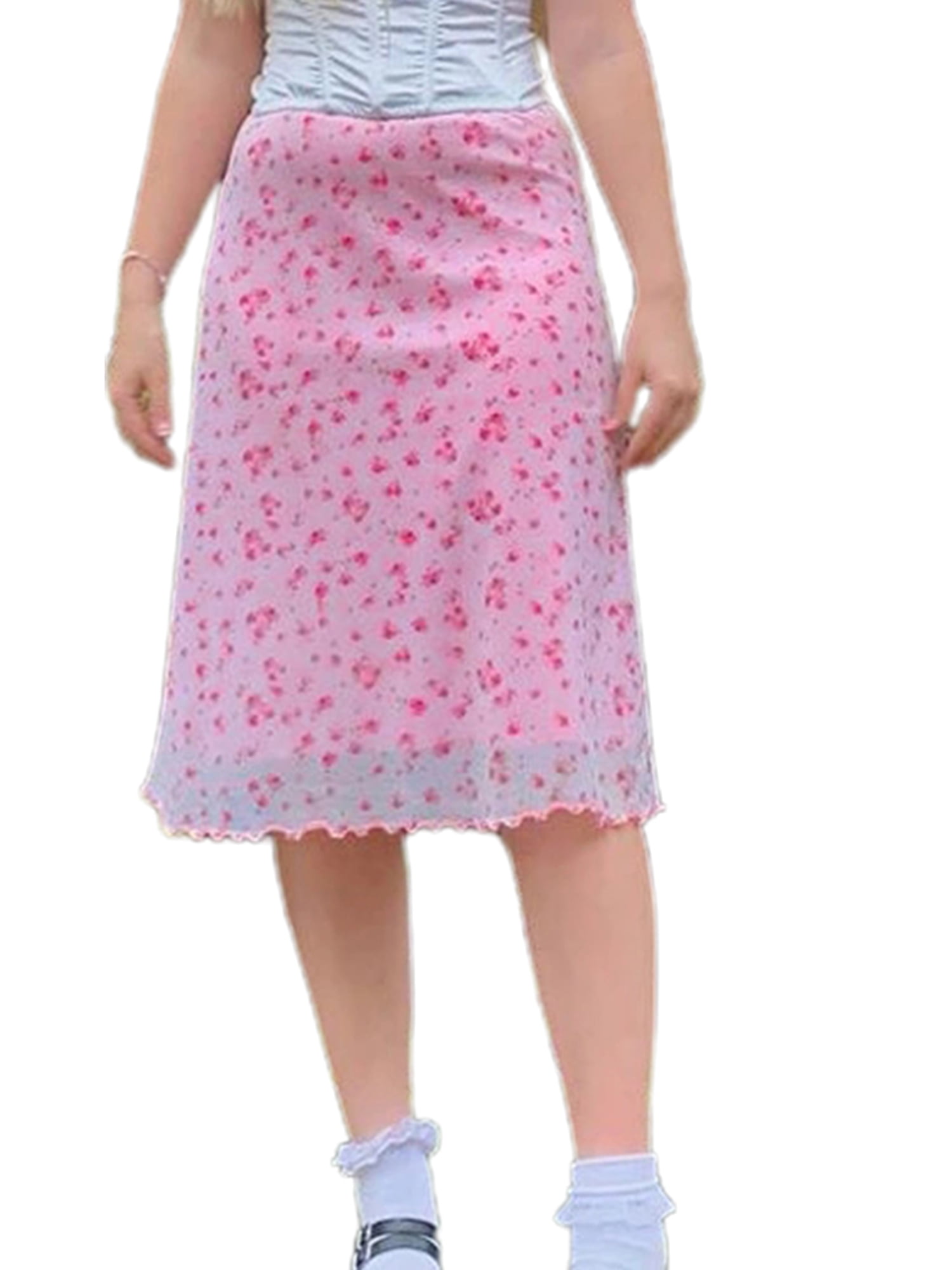 ECOWISH Womens Floral Skirt Elastic Waist Boho Ruffle Hem Maxi Long Dress High Low Cotton Skirts