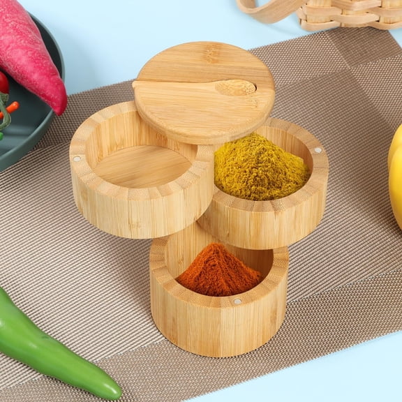 Large Capacity Bamboo Salt Cellar with Magnetic Lid & Spoon, 3-Tier Spice Storage for Sea Salt & Seasoning