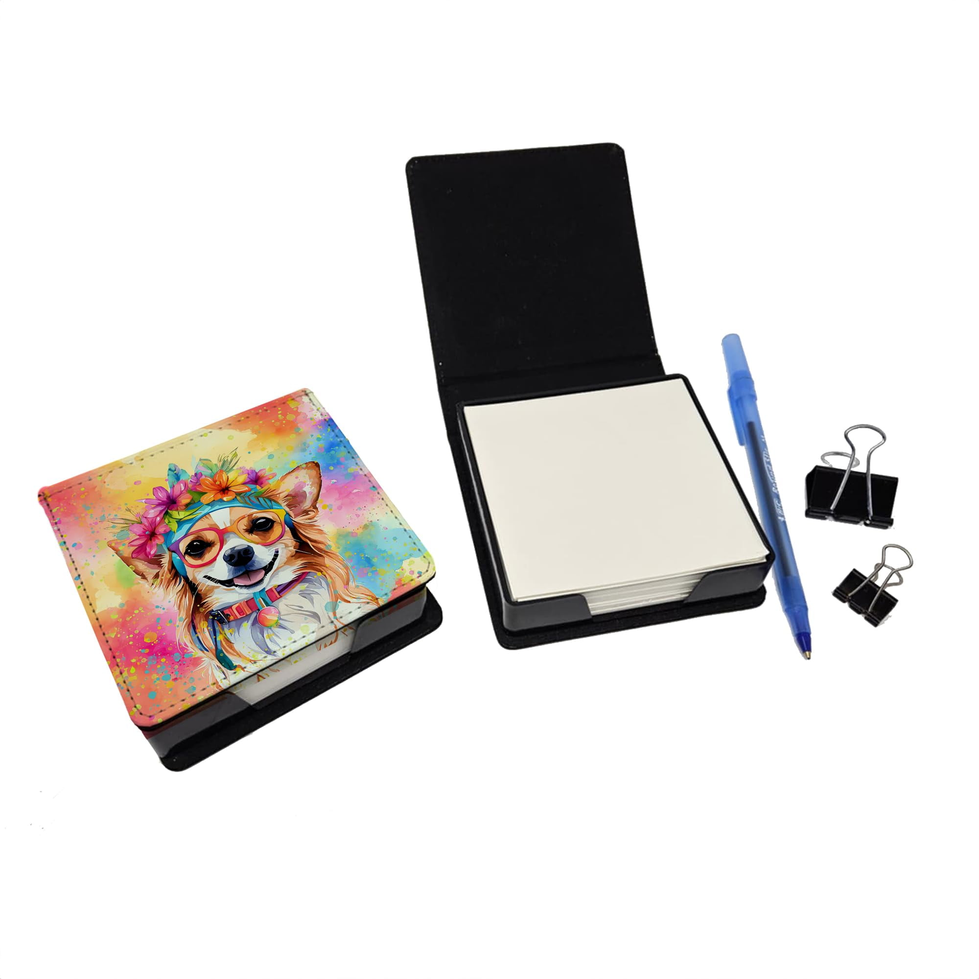 Caroline's Treasures Chihuahua Hippie Dawg PU Leather Note Paper Holder with Artist-Designed Cover, Desk Accessory, Office Gift