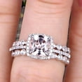 thumbnail image 2 of Milgrain Halo Art Deco 2 Carat Cushion Cut Morganite Wedding Ring Set On 10k White Gold With Two Matching Band Anniversary Ring, 2 of 5