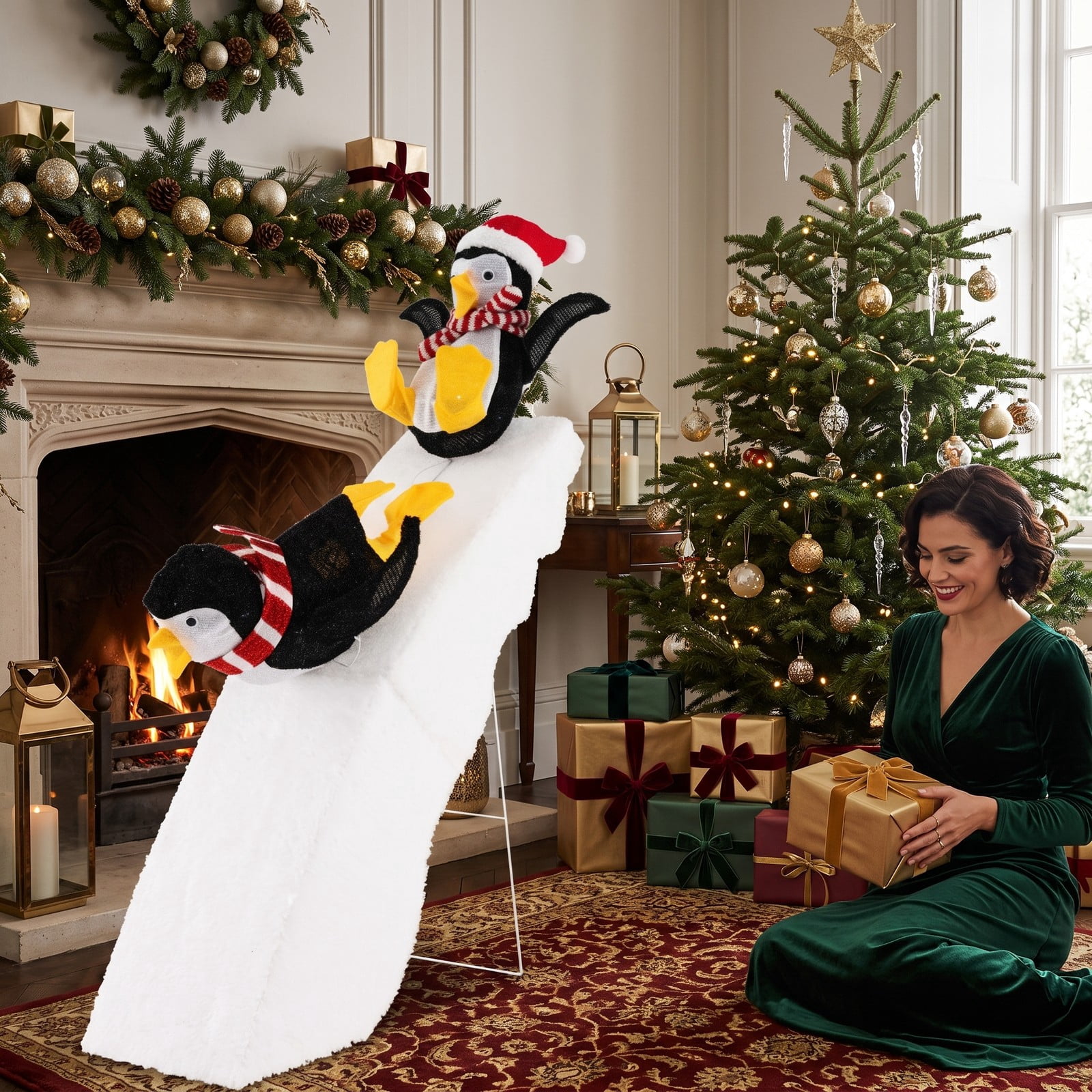 RUIE 4 Feet Christmas Penguin Ice Skating Decoration with Snowy Slide, 130 LED Lights Lighted Outdoor Indoor Holiday Yard Decor, Black White Yellow