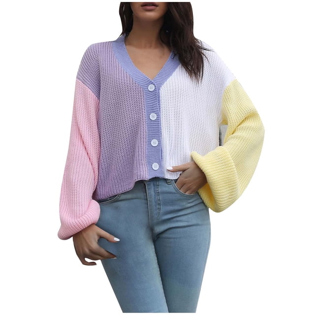 Pompotops And Winter Women's Patchwork Color Button V-Neck Long Sleeve Top Blouse Clearance