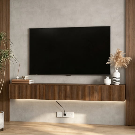 HIUU 69" Walnut Wall Mounted TV Stand with 16 Color LEDs,Modern Floating TV Stand for 55 60 65 Inch TV,Wooden Minimalist TV Stands for Living Room