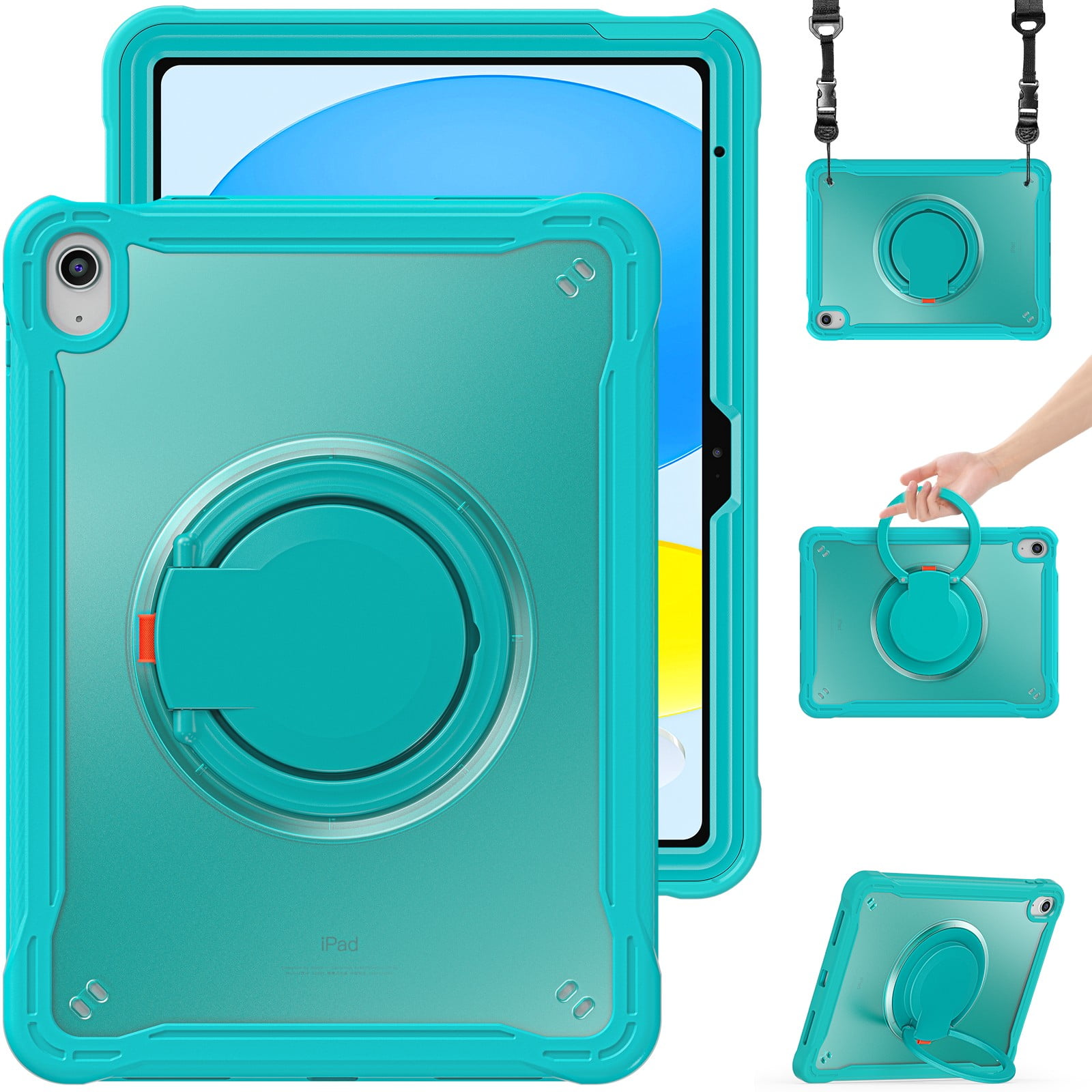 ELEHOLD Rugged Case For Apple iPad Air 13 (2024) Hybrid Shockproof Cover [360 Rotating Stand] [Hand Grip] [Pencil Holder] [Detachable Shoulder Strap] Kids Case, Blue