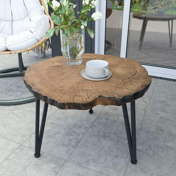 HOMPUS Small Coffee Table, MgO & Concrete Outdoor Side Table with Wood Grain Finish, Round End Table with Artificial Imitated Tree Ring Pattern Table Top for Outdoor Indoor Use, Patio, Garden