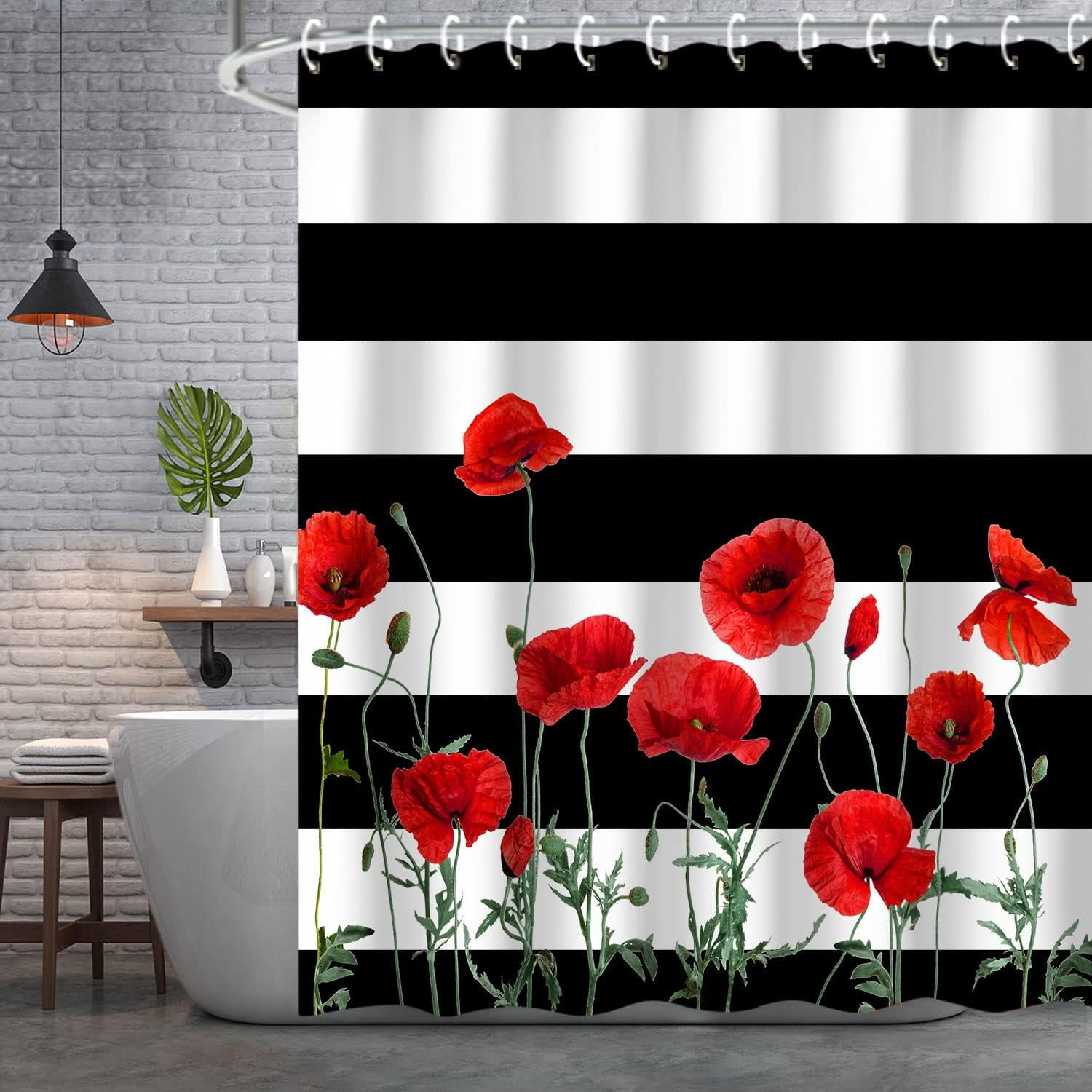 Floral Shower Curtain Flower Shower Curtain Shower Curtain Stripe Poppy Shower Curtain Black and White Striped Shower Curtains Set with Hooks Red and White Shower Curtains for Bathroom, 72" Wx72 H
