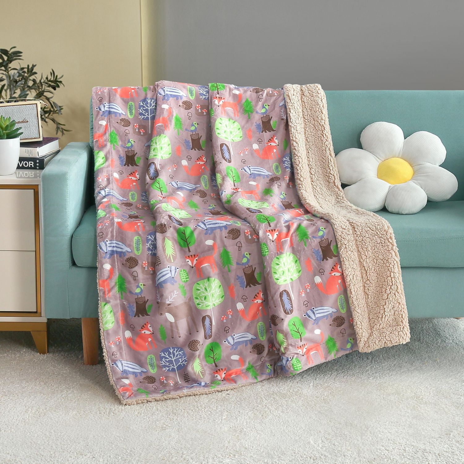 Marina Decoration Reversible Rich Printed Woven Fluffy Plush Soft Warm Flannel Fleece Children Throw Sherpa Kids Blanket, 40 x 50 Inch Fox Forest With Taupe Base Pattern